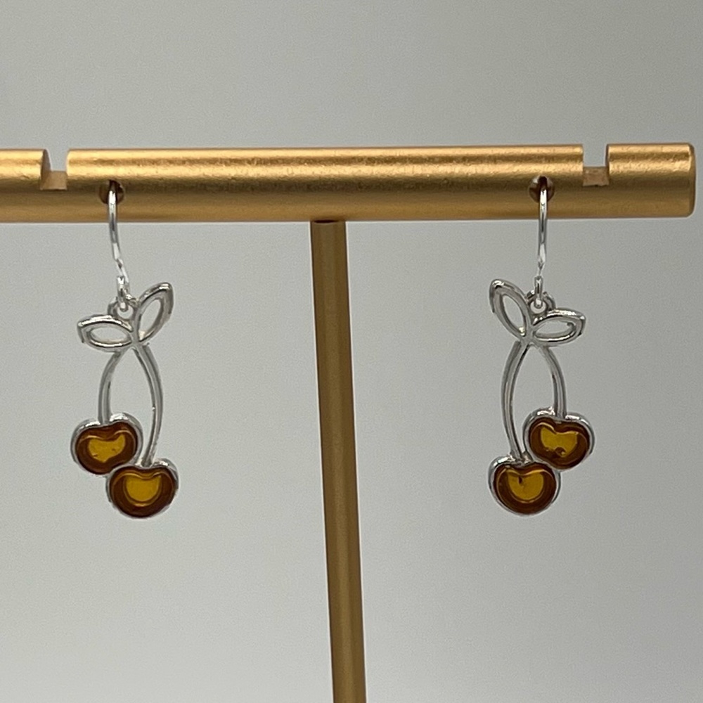 Sterling Silver Amber Cherry Dangle Earrings - image 3